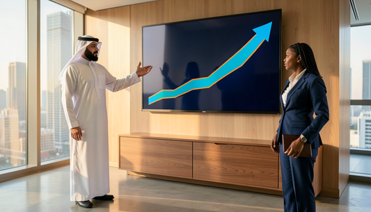 Procurement managers reviewing a rising cost chart on a wall-mounted smart board in a Gulf office