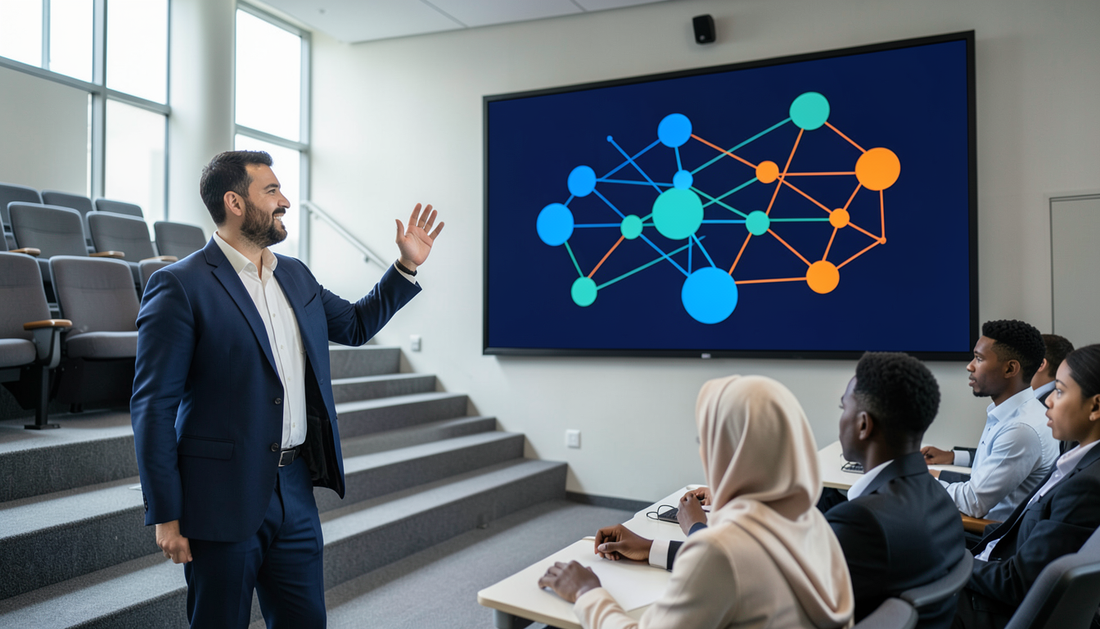 Lecturer presenting a network diagram on an interactive display in a modern Gulf university lecture room