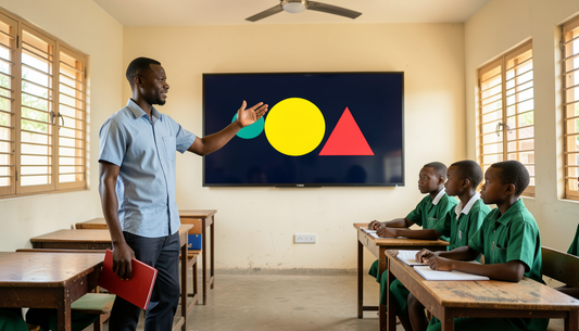 Interactive projector and interactive flat panel side by side in a bright African classroom