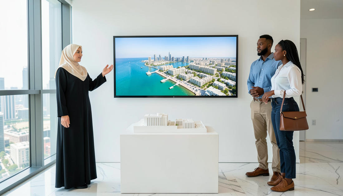 Interactive screen and touch table displaying a masterplan in a property developer sales gallery in the Gulf
