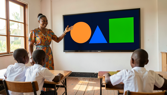 Teacher in a patterned dress gesturing at an interactive panel showing a circle, triangle and square to pupils in an African secondary school classroom
