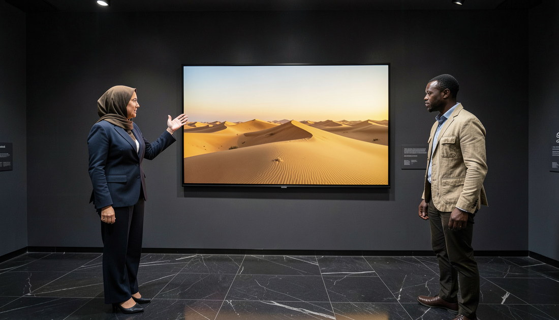 Curator in a dark suit and headscarf gesturing at a large display showing a desert dune landscape in a modern Gulf museum gallery