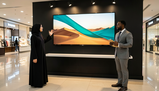 Retail managers reviewing a digital signage display in a Gulf mall flagship store