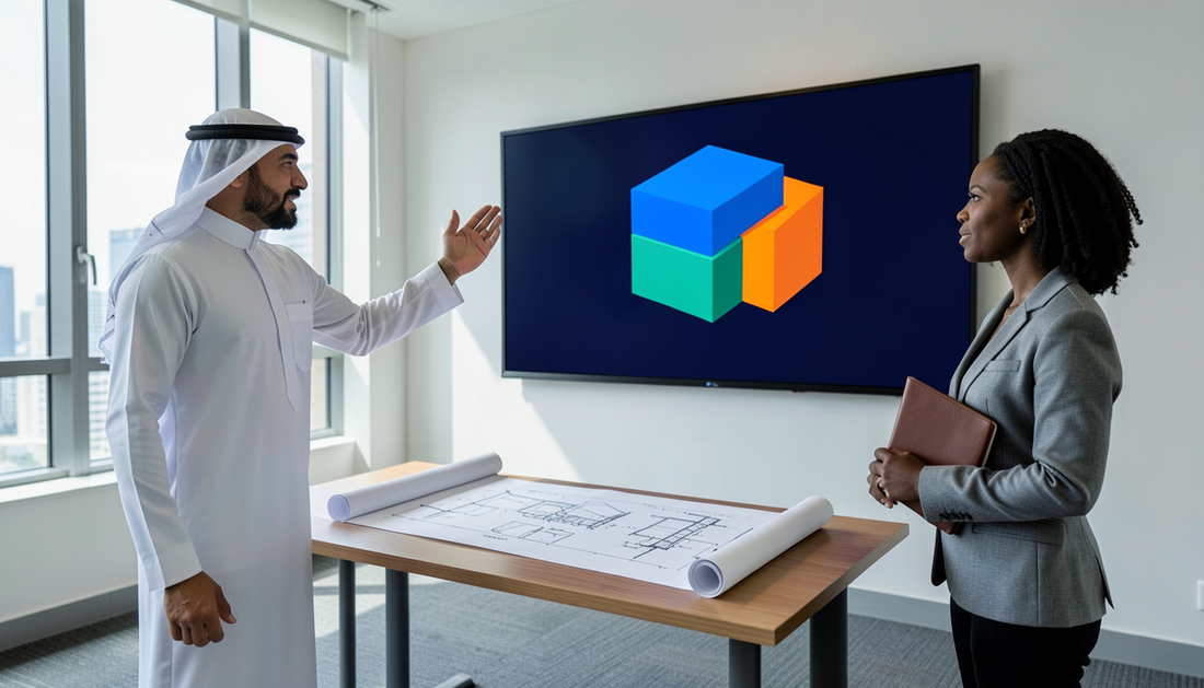 Ministry planner in a white kandura gesturing at an interactive flat panel showing a block chart, with a colleague holding a notebook in a Gulf planning office
