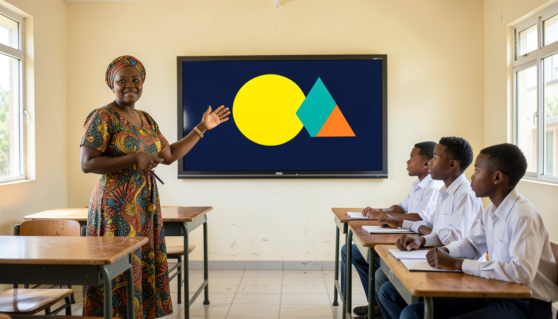 Teacher presenting shapes on a smart board to students in an African classroom