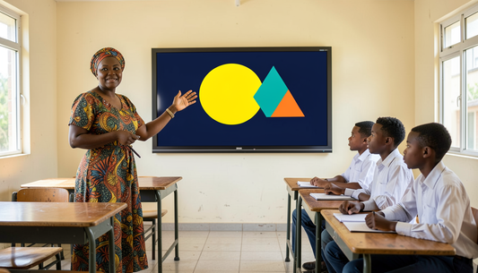 Teacher presenting shapes on a smart board to students in an African classroom