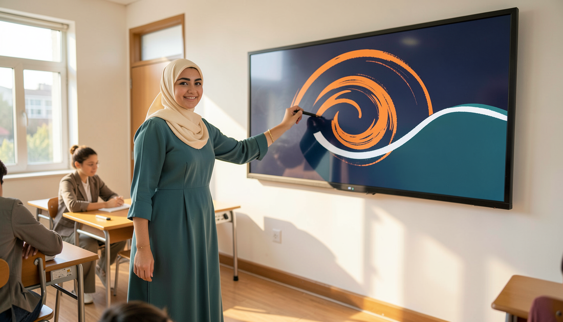 Teacher in a teal dress and cream headscarf writing with a stylus on an interactive panel showing an orange spiral and teal wave in a Gulf classroom
