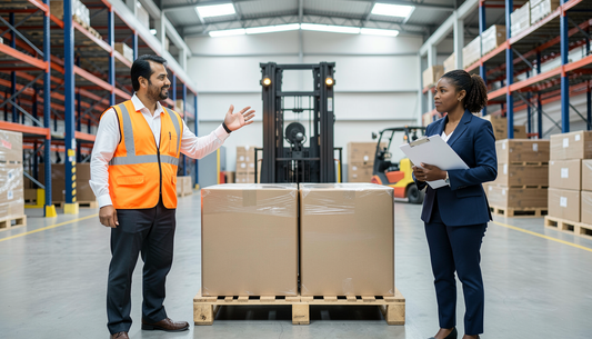 Digital signage and interactive display kits staged in a UAE free-zone warehouse for re-export to Africa