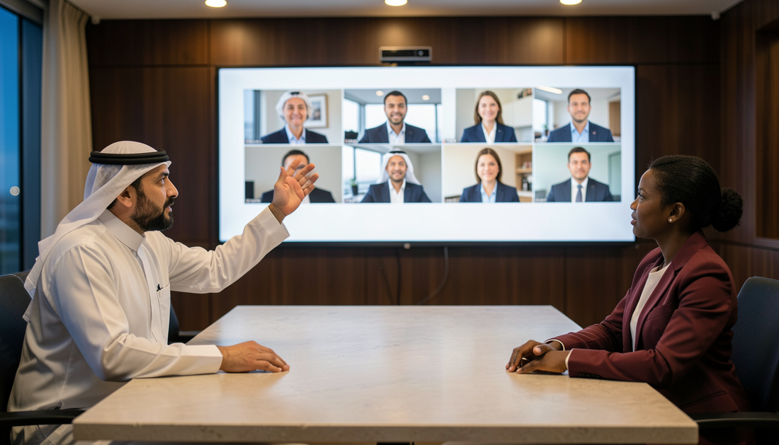Executives on a multi-party video conference on a large wall display in a Gulf boardroom
