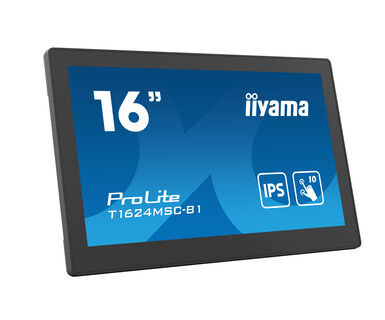 iiyama 15.6" Full HD PCAP 10pt touchscreen monitor with IPS panel technology, integrated media player and a hinged stand on the back